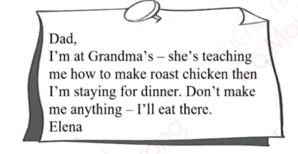Elena has written this note ________.   A. to tell her dad about her dinner plans B. to ask if her dad likes roast chicken C. to check where her dad is having dinner D. to remind her dad to make dinner for her (ảnh 1)