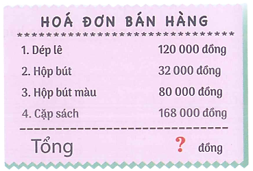 Mẹ mua cho Hà mua một số đồ dùng với giá tiền như hoá đơn bên. Vậy tổng số tiền mẹ Hà cần thanh toàn là: (ảnh 1)