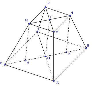 Người ta đ&uacute;c một khối b&ecirc; t&ocirc;ng c&oacute; dạng khối ch&oacute;p \(ABCD.MNPQ\) cụt tứ gi&aacute;c đều như h&igrave;nh. Cạnh đ&aacute;y dưới d&agrave;i \(5m\), cạnh đ&aacute;y tr&ecirc;n d&agrave;i \(2m\), cạnh b&ecirc;n d&agrave;i \(3m\). (ảnh 1)