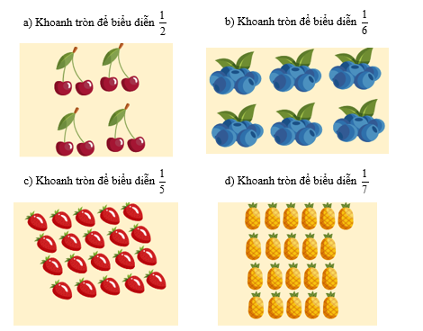 Thực hiện c&aacute;c y&ecirc;u cầu dưới đ&acirc;y  a) Khoanh tr&ograve;n để biểu diễn 1/2 (ảnh 1)