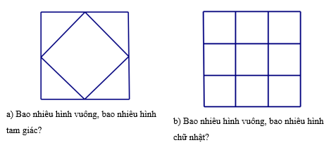 Hình bên có:   a) Bao nhiêu hình vuông, bao nhiêu hình tam giác?	  b) Bao nhiêu hình vuông, bao nhiêu hình chữ nhật? (ảnh 1)