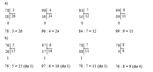 Thực hiện ph&eacute;p t&iacute;nh bằng c&aacute;ch đặt t&iacute;nh:  a) 78 : 3 (ảnh 1)