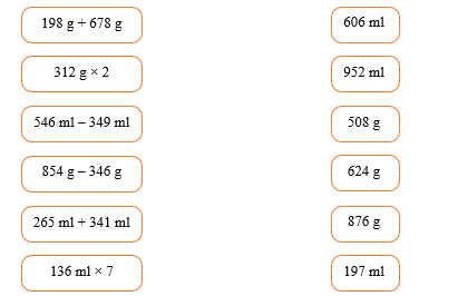 Nối phép tính với kết quả thích hợp 198 g + 678 g (ảnh 1)
