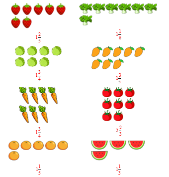 Viết hỗn số chỉ số hàng (rau, củ, quả) có trong hình vẽ: (ảnh 2)