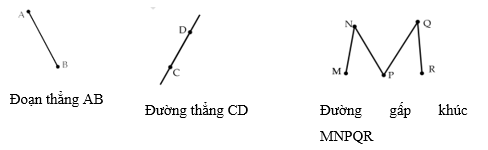 Quan s&aacute;t c&aacute;c h&igrave;nh vẽ dưới đ&acirc;y rồi điền từ &ldquo;đoạn thẳng&rdquo;, &ldquo;đường thẳng&rdquo;, &ldquo;đường cong&rdquo;, &ldquo;đường gấp kh&uacute;c&rdquo; th&iacute;ch hợp v&agrave;o chỗ chấm: (ảnh 2)