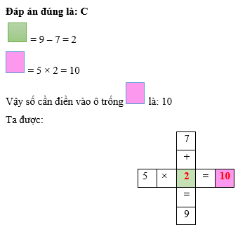 Cho hình vẽ: 		7		 		+		 5	×		=	 		=		 		9		 Số cần điền vào ô trống   là: (ảnh 3)