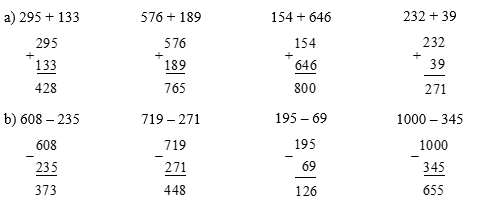 Đặt tính rồi tính:  a) 295 + 133 (ảnh 1)