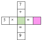 Cho hình vẽ: 		7		 		+		 5	×		=	 		=		 		9		 Số cần điền vào ô trống   là: (ảnh 1)