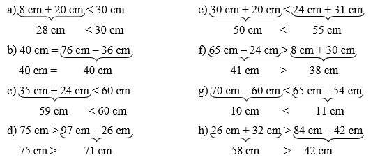 Điền dấu >, <, = thích hợp vào chỗ chấm    a) 8 cm + 20 cm …… 30 cm   (ảnh 1)