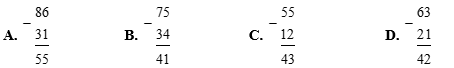 Trong các phép tính sau, phép tính có kết quả bé nhất là: 	A. 86 – 31 	B. 75 – 34 	C. 55 – 12 	D. 63 – 21 (ảnh 1)