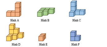 Cho các hình khối A, B, C, D, E, F được ghép bởi các khối lập phương nhỏ bằng nhau  Tìm hình được ghép bởi tổng hai hình đã cho (ảnh 1)
