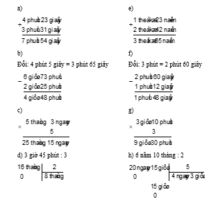 Đặt tính rồi tính a) 4 phút 23 giây + 3 phút 31 giây (ảnh 1)