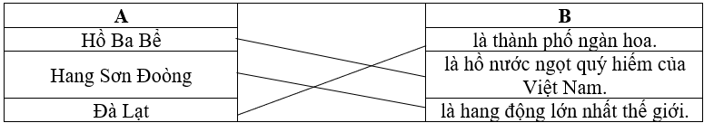 Kết hợp từ ngữ ở cột A với từ ngữ ở cột B để tạo câu giới thiệu.  A  	     	  B     Hồ Ba Bể  	  là thành phố ngàn hoa.     Hang Sơn Đoòng  	  là hồ nước ngọt quý hiếm của Việt Nam.     Đà Lạt  	  là hang động lớn nhất thế giới. (ảnh 1)