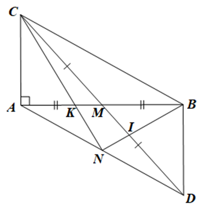 Cho tam giác  A B C  vuông tại  A , đường trung tuyến  C M . Trên tia đối của tia  M C  lấy điểm  D  sao cho  M D = M C .  (a) Chứng minh  Δ M A C = Δ M B D .  (b) Chứng minh  A C + B C > 2 C M . (ảnh 1)