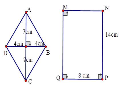 Quan sát hai hình vẽ bên:  a) Tính diện tích của hình thoi ABCD và diện tích của hình chữ nhật MNPQ.  b) Diện tích của hình chữ nhật MNPQ gấp mấy lần  diện tích của hình thoi ABCD? (ảnh 1)