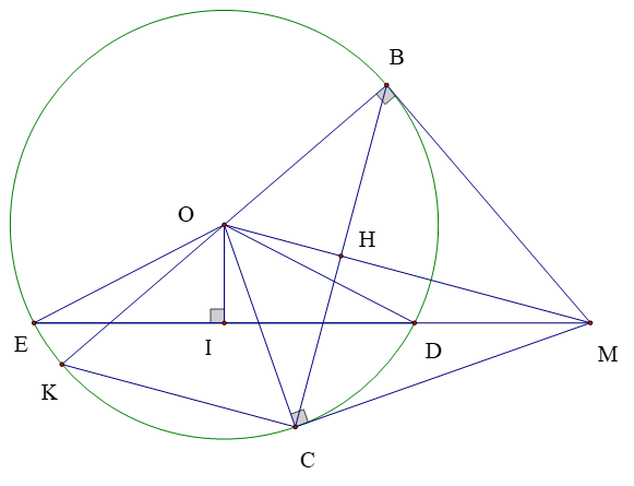 Cho đường tròn  ( O ; R ) , dây  D E < 2 R , điểm  M thuộc tia đối của tia  D E . Từ  M  kẻ hai tiếp tuyến  M B  và  M C  tới đường tròn  ( O )  ( B  và  C  là hai tiếp điểm). Gọi  I  là trung điểm của  D E . (ảnh 1)
