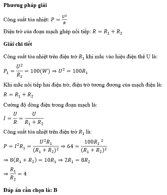 Cho 2 vật dẫn R1,R2 v&agrave; một hiệu điện thế U kh&ocirc;ng đổi. Mắc R1 v&agrave;o U th&igrave; c&ocirc;ng suất tỏa nhiệt tr&ecirc;n R1 l&agrave; 100 W. Mắc nối tiếp R1 v&agrave; R2 rồi mắc v&agrave;o U th&igrave; c&ocirc;ng suất tỏa nhiệt tr&ecirc;n R1 l&agrave; 64 W (ảnh 1)