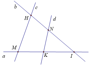 Cho hình vẽ bên.    Hãy trả lời các câu hỏi sau:  (a) Điểm  M  thuộc những đường thẳng nào?  (b) Điểm  H  không thuộc đường thẳng nào? (ảnh 1)
