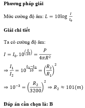 Một máy bay khi bay ở độ cao 3200 m gây ra ờ mặt đất phía dưới tiếng ồn có mức cường độ âm là 100 dB. Giả thiết máy bay là nguồn điểm, môi trường không hấp thụ âm. (ảnh 1)