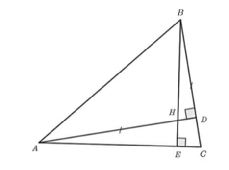 Cho tam gi&aacute;c nhọn \(ABC\). Kẻ \(AD \bot BC{\rm{ }}\left( {D \in BC} \right)\) v&agrave; \(BE \bot AC{\rm{ }}\left( {E \in AC} \right)\). Gọi \(H\) l&agrave; giao điểm của \(AD\) v&agrave; \(BE\). Biết rằng \(AH = BC\), hỏi số đo \(\widehat {BAC}\) bằng bao nhi&ecirc;u độ? (ảnh 1)