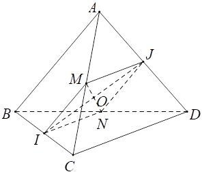 Cho tứ diện ABCD có AB = CD = a, J =a căn bậc hai của 3/2 I, J lần lượt là trung điểm của BC và AD. Số đo góc giữa hai đường thẳng AB và CD là (ảnh 1)