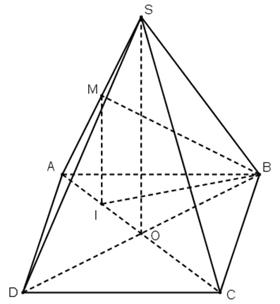 Cho hình chóp tứ giác đều S.ABCD có cạnh đáy bằng a, cạnh bên bằng 2a căn bậc hai của 2. Gọi M là trung điểm của SA. Góc giữa đường thẳng BM với mặt phẳng (ABCD) bằng bao nhiêu độ? (ảnh 1)