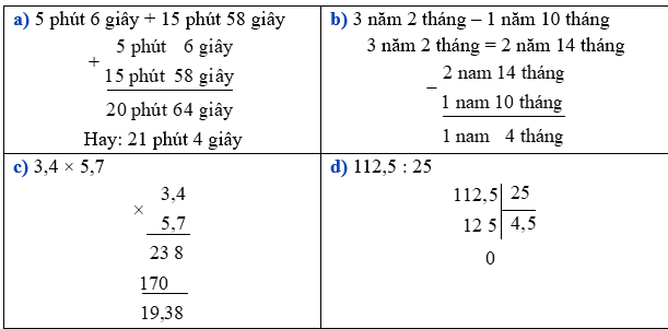 Đặt tính rồi tính: 5 phút 6 giây + 15 phút 58 giây (ảnh 1)