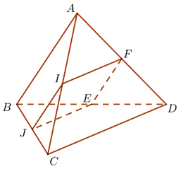 Cho tứ diện ABCD có AB = CD. Gọi I,J,E,F lần lượt là trung điểm của AC,BC,BD,AD. Góc E,F bằng (ảnh 1)