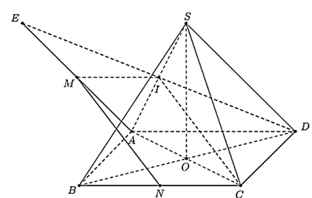 Cho hình chóp tứ giác đều S.ABCD có đáy ABCD là hình vuông, E là điểm đối xứng của D qua trung điểm SA. Gọi M,N lần lượt là trung điểm của AE và BC. Gọi alpha là góc giữa hai đường thẳng MN và BD. Tính sin alpha (ảnh 1)
