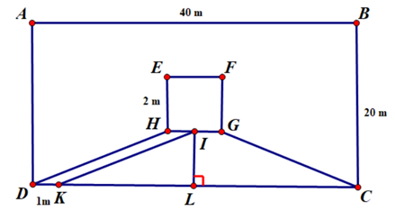  a) Tính diện tích mảnh vườn hình chữ nhật ABCD.  b) Người ta trồng rau trên mảnh đất hình thang IGCK và trồng hoa trên phần đất còn lại. Tính diện tích lối đi, diện tích trồng rau và diện tích trồng hoa. (ảnh 1)