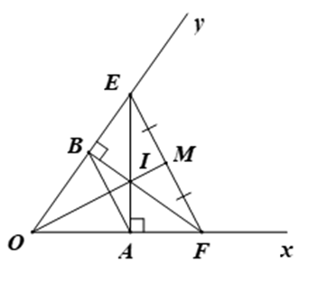 Cho  ˆ x O y  là góc nhọn. Trên tia  O x  lấy điểm  A  ( A ≠ O ). Trên tia  O y  lấy điểm  B  sao cho  O A = O B . Từ  A  kẻ đường thẳng vuông góc với  O A , cắt  O y  tại  E . Từ  B  kẻ đường thẳng vuông góc với  O B , cắt  O x  tại  F . (ảnh 1)