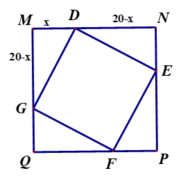 Cho một miếng bìa hình vuông  M N P Q  có cạnh bằng  20  cm. Trên các cạnh  M N , N P , P Q , Q M  lấy theo thứ tự các điểm  D , E , F , G  sao cho  M D = N E = P F = Q G . Tính độ dài  M D  sao cho tứ giác  D E F G  có diện tích nhỏ nhất. (ảnh 1)