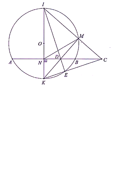 Cho đường tròn  ( O )  có dây cung  A B  cố định ( A B  không phải là đường kính). Kẻ đường kính  I K  vuông góc với  A B  tại N sao cho điểm I thuộc cung lớn A B (ảnh 1)