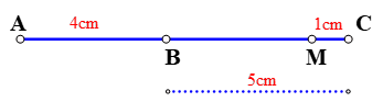 Cho điểm  B  nằm giữa hai điểm  A  và  C sao cho  A B = 4 c m , B C = 5 c m . Lấy  M  nằm giữa hai điểm  C  và  B  sao cho  C M = 1 c m .  (a) Trong hình vẽ đó có bao nhiêu đoạn thẳng? Kể tên các đoạn thẳng đó; (ảnh 1)