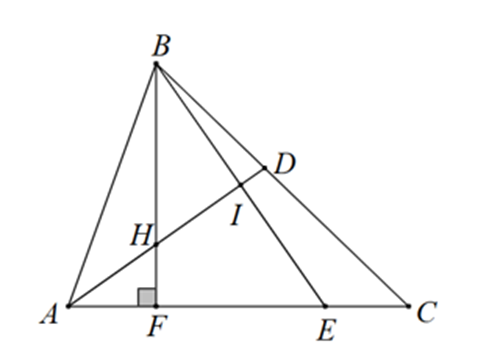Cho \(\Delta ABC\) c&oacute; \(\widehat A = 70^\circ \), \(AB < AC\), đường ph&acirc;n gi&aacute;c g&oacute;c \(A\) cắt \(BC\) tại \(D,\,\,BF \bot AC\) tại \(F,\,\,E\) thuộc \(AE = AB\), \(I\) l&agrave; giao điểm của \(AD\) v&agrave; \(BE\). Hỏi số đo \(\widehat {DHF}\) bằng bao nhi&ecirc;u độ? (ảnh 1)