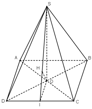 Khoảng cách từ O đến mặt phẳng (SCD) bằng ma/n với m/n là phân số tối giản, m > 0,n > 0. Giá trị m + n bằng bao nhiêu? (ảnh 1)