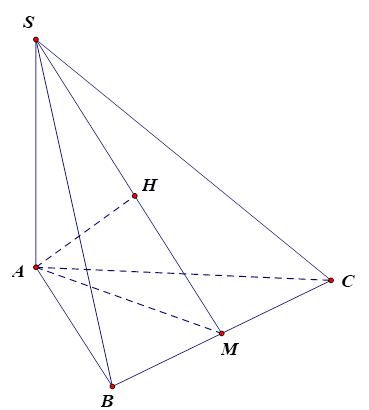 Cho hình chóp S.ABC có đáy ABC là tam giác đều cạnh a. Biết SA = a căn bậc hai của 2 và SA vuông góc với mặt đáy. Gọi M là trung điểm của BC và H là hình chiếu vuông góc của A lên SM (ảnh 1)