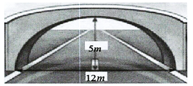 Một đường hầm có mặt cắt nửa hình elip cao \(5\;m\), rộng \(12\;m\). Viết phương trình chính tắc của elip đó? (ảnh 1)