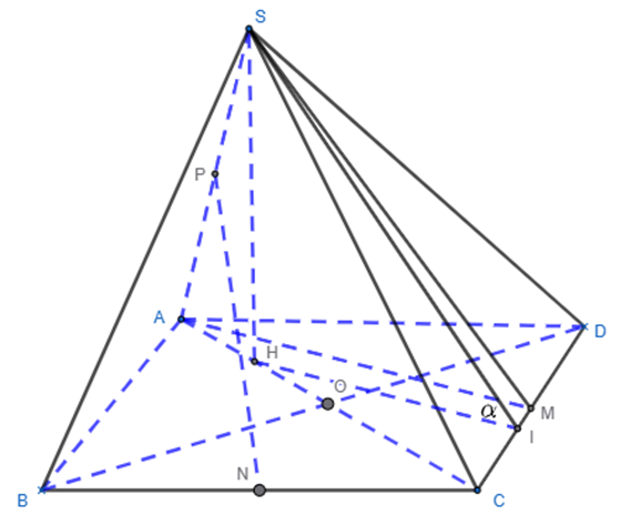 Cho h&igrave;nh ch&oacute;p S.ABCD c&oacute; đ&aacute;y ABCD l&agrave; h&igrave;nh thoi t&acirc;m O, AB = 4a v&agrave; g&oacute;c BAD = 120 độ. Gọi H l&agrave; trung điểm của AO. Biết SH vu&ocirc;ng g&oacute;c với mặt phẳng (ABCD) v&agrave; SH = a căn bậc hai của 3  (ảnh 1)
