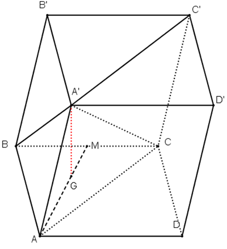 Cho hình lăng trụ ABCD.A'B'C'D' có đáy là hình thoi cạnh 3a, góc ABC = 60 độ, AA' = 2a. Đỉnh A' cách đều ba đỉnh A,B,C. Gọi G là trọng tâm của tam giác ABC (ảnh 1)