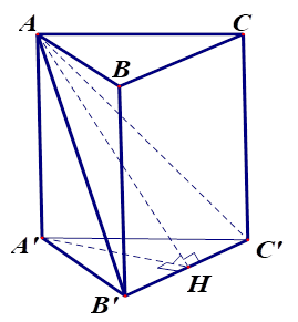 Cho lăng trụ tam giác đều ABC.A'B'C' có tất cả các cạnh đều bằng a. Gọi alpha là góc giữa hai mặt phẳng (AB'C') và (A'B'C'). Tính giá trị của tan alpha? (ảnh 1)