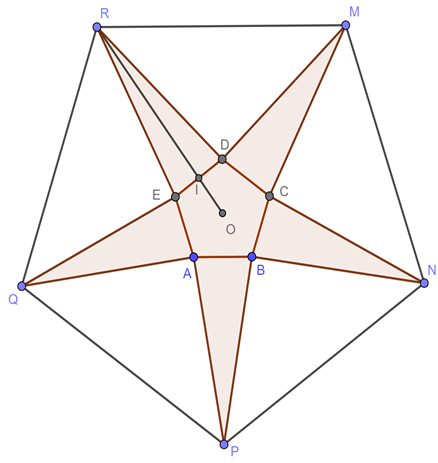 Có một tấm bìa hình ngũ giác đều MNPQR tâm O cạnh bằng 30 cm .Tìm x để thể tích tạo thành là lớn nhất. (ảnh 1)