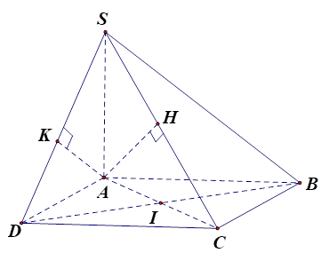 Cho hình chóp S.ABCD có đáy ABCD là hình chữ nhật tâm I, SA vuông góc với mặt phẳng đáy. Gọi H,K lần lượt là hình chiếu của  A lên SC,SD. Khẳng định nào sau đây là đúng? (ảnh 1)