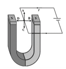Một dây dẫn mang dòng điện được đặt giữa hai cực của một nam châm chữ U. Lực từ tác dụng lên dây dẫn có hướng như thế nào trong hình vẽ dưới đây? (ảnh 1)