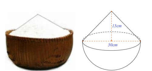 Cho hình bên là một thúng gạo vun đầy. Thúng có dạng nửa hình cầu với đường kính 50cm phần gạo vun lên có dạng hình nón cao 15cm (ảnh 1)