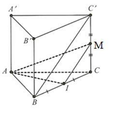 Cho hình lăng trụ ABC.A'B'C' có đáy là tam giác đều cạnh a, A'A vuông góc (ABC) và A'A = 2a. Gọi I là trung điểm BC. Góc giữa hai đường thẳng AI và BC' bằng bao nhiêu độ? (ảnh 1)
