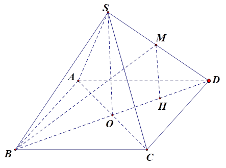 Cho hình chóp tứ giác đều S.ABCD có tất cả các cạnh bằng a. Gọi M là trung điểm của SD (tham khảo hình vẽ bên). Tang của góc giữa đường thẳng BM và mặt phẳng (ABCD) bằng (ảnh 2)