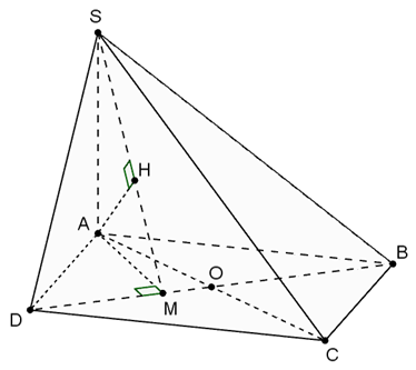 Cho hình chóp S.ABCD có đáy là hình chữ nhật, SA vuông góc tABCD). Biết AB = 3a, AD = a, SA = 2a. a) Chứng minh CD  vuông góc (SAD).  b) Vẽ AM vuông góc BD tại M. Chứng minh BD vuông góc (SAM) (ảnh 1)