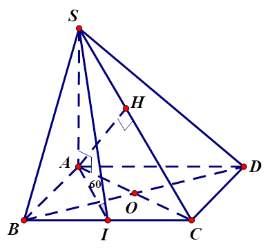 Cho hình chóp S.ABCD có đáy ABCD là hình thoi có cạnh bằng a căn bậc hai 3, góc BAD= 120 độ và cạnh bên SA vuông góc với mặt đáy. Biết góc giữa (SBC) và (ABCD) bằng 60 độ. Tính khoảng cách giữa hai đường thẳng BD và SC (ảnh 1)