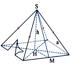 Một chiếc lều cắm trại được thiết kế có dạng hình chóp tứ giác đều với thể tích là \(6\;{m^3}\). Bốn mặt bên của lều (ảnh 2)